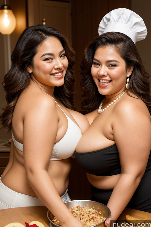 ai nude image of two women in lingersuits are posing for a picture in a kitchen pics of 30s Laughing Happy Filipina Perfect Boobs Busty Thick Chubby Fat Perfect Body Pearl Jewelry Gold Jewelry Jewelry Diamond Jewelry Two Cooking Hip Hop