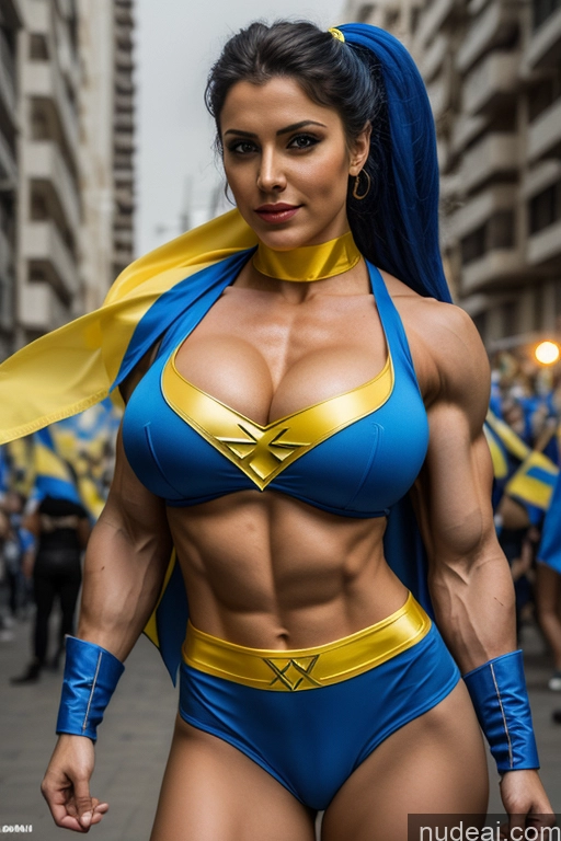 ai nude image of arafed woman in a blue and yellow costume with a cape pics of Muscular Cosplay Busty Ukraine Israel Two Superhero Superheroine