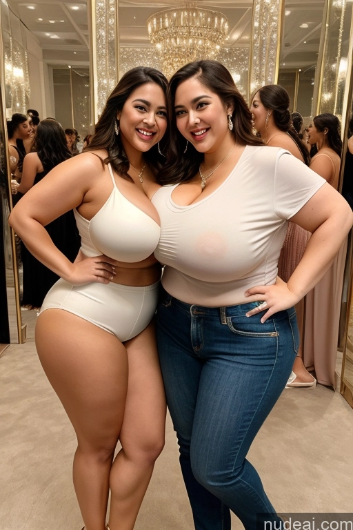 ai nude image of two women in white shirts and jeans posing for a picture pics of 30s Laughing Happy Filipina Perfect Boobs Busty Thick Chubby Fat Perfect Body Pearl Jewelry Gold Jewelry Jewelry Diamond Jewelry Two Hip Hop Mirror Selfie Wedding Huge Boobs