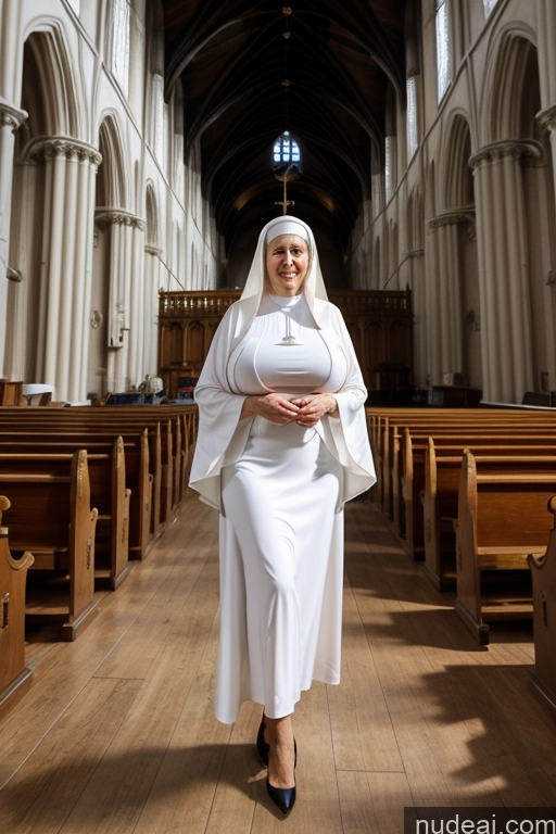 ai nude image of arafed woman in a white dress and a nun in a church pics of Milf One Busty Long Hair British White Hair Long Legs 60s Church Nun Cleavage