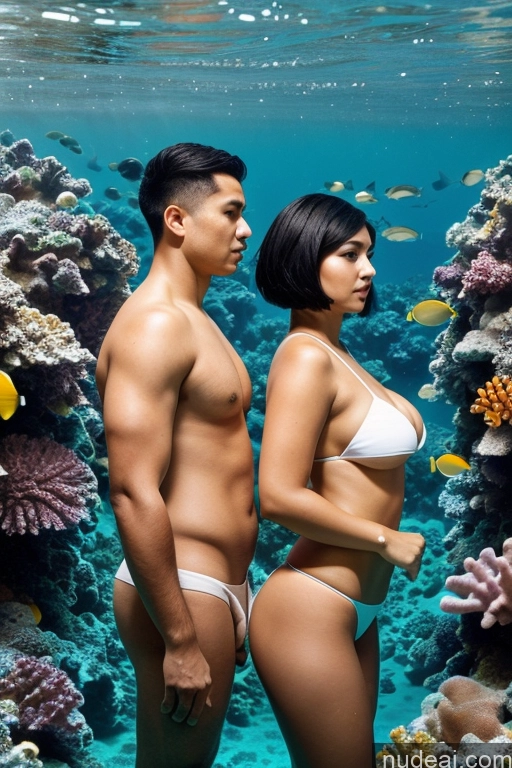 ai nude image of there are two people standing in front of a coral reef pics of Woman + Man Two Busty Short 30s Serious Black Hair Short Hair Indonesian Underwater Side View Pearl Jewelry Bikini Topless