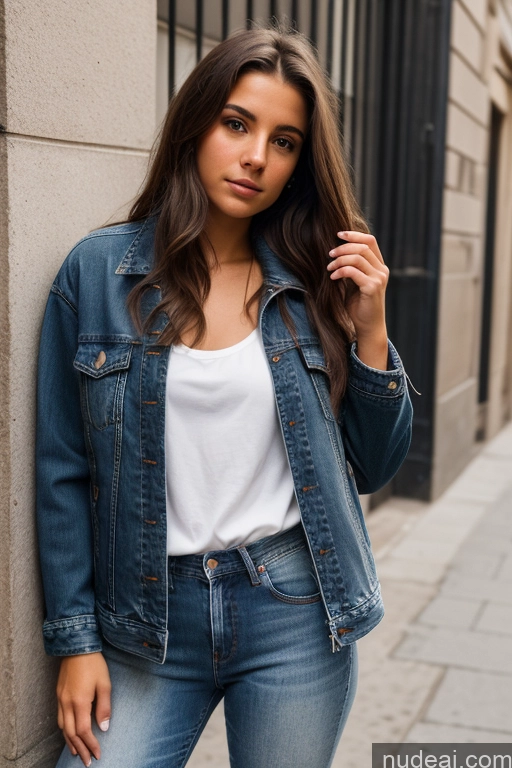 ai nude image of arafed woman in a white shirt and blue jean jacket leaning against a wall pics of Woman One 18 Short Brunette Long Hair French Mirror Selfie Front View Small Ass Serious Street Jeans Jacket Chemise