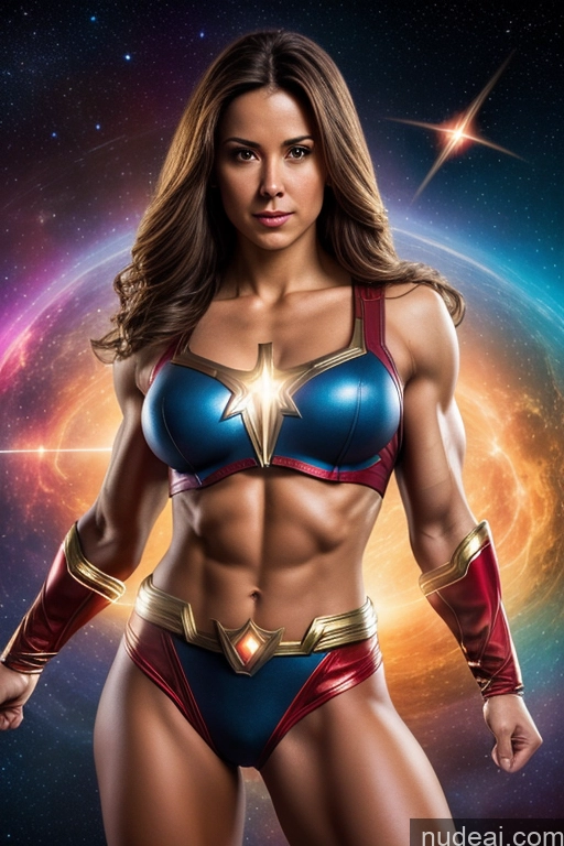 ai nude image of a woman in a bikini and a cape posing for a picture pics of Mary Thunderbolt Cosplay Small Tits Powering Up Neon Lights Clothes: Red Superhero Abs Muscular Superheroine Busty Science Fiction Style Heat Vision Space