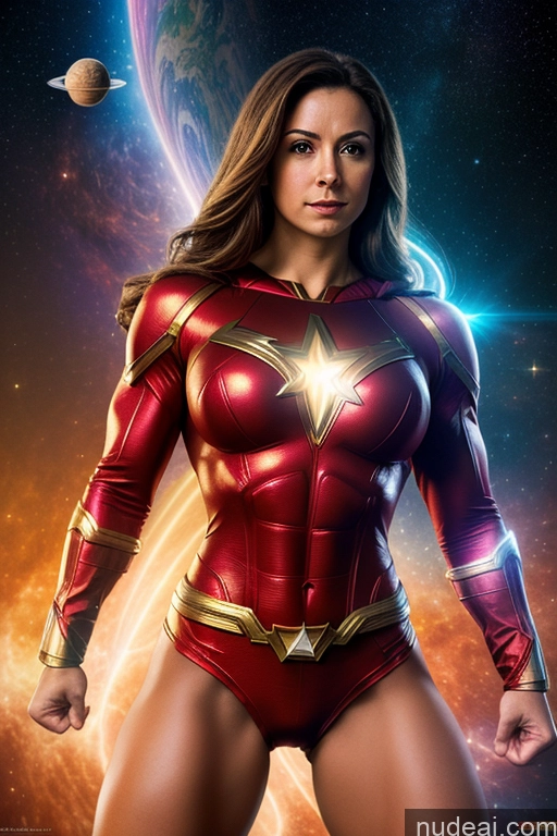 ai nude image of a woman in a red and gold costume standing in front of a planet pics of Mary Thunderbolt Cosplay Small Tits Powering Up Neon Lights Clothes: Red Superhero Abs Muscular Superheroine Busty Science Fiction Style Space