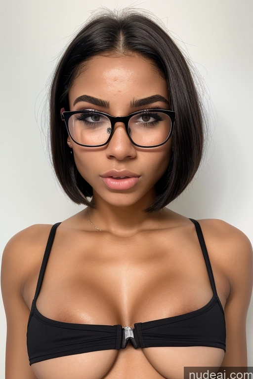 ai nude image of arafed woman with glasses and a black bra top posing for a picture pics of Bimbo Small Tits Glasses Skinny Small Ass Pubic Hair 18 Angry Bobcut Black Cumshot Face Mask