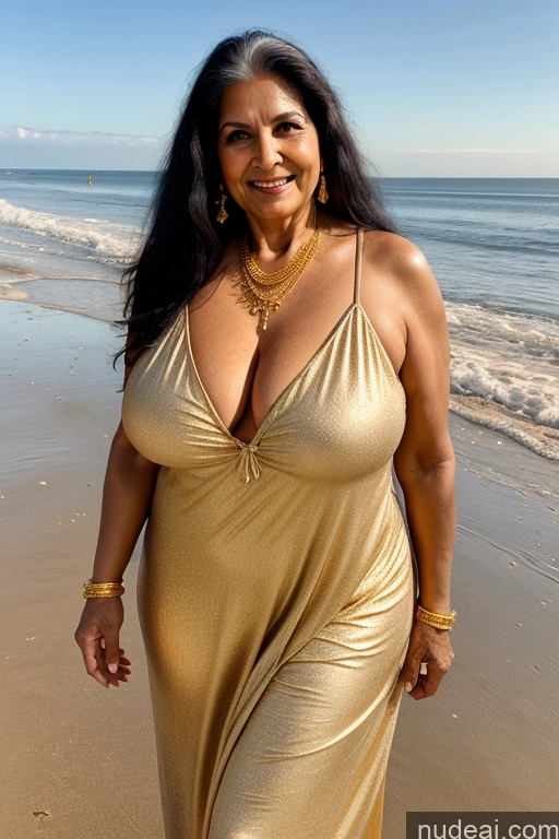 ai nude image of araffe woman in a gold dress walking on the beach pics of Milf One Busty Long Hair Indian 70s Beach Gold Jewelry Black Hair Nightgown