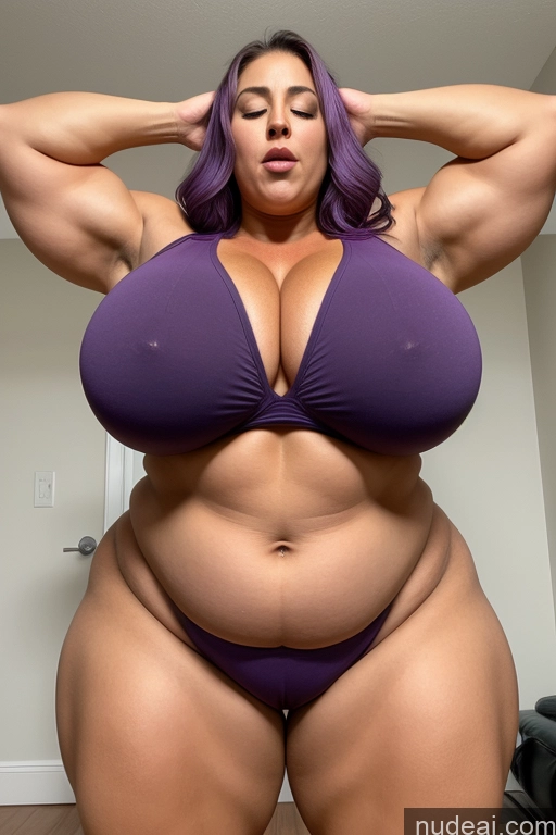 ai nude image of arafed woman in a purple bikini posing for a picture pics of Huge Boobs Big Ass Big Hips Pubic Hair Fairer Skin Thick Orgasm Purple Hair Latina Bodybuilder Busty Abs 20s T-pose Chubby Crisp Anime Nude