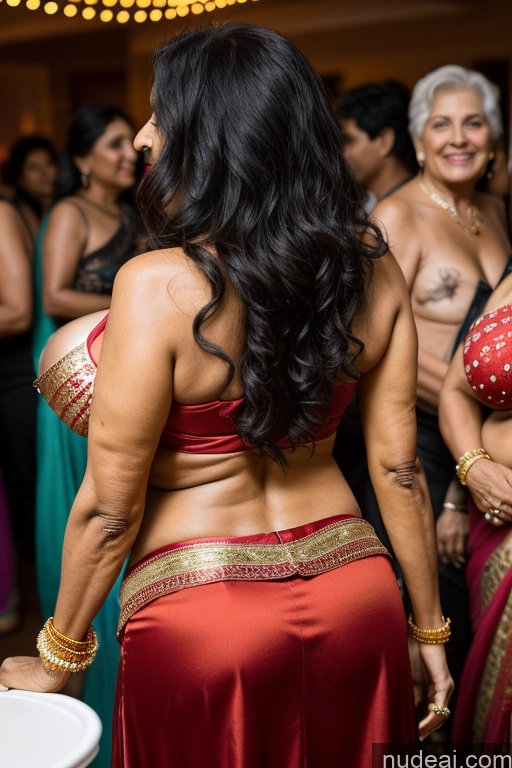 ai nude image of there is a woman in a red dress standing in a room pics of Busty Long Hair Indian Milf 70s Party Black Hair Two Gold Jewelry Detailed Back View Long Skirt