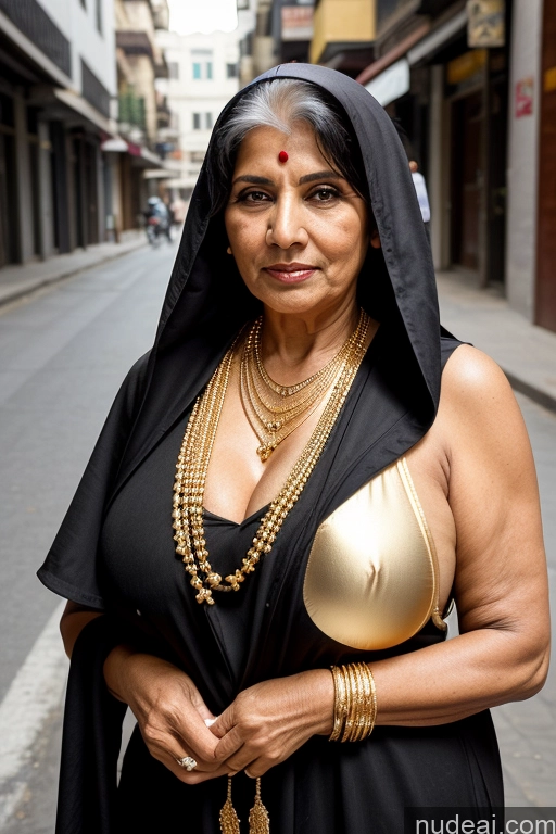 ai nude image of woman in black dress with gold jewelry and black veil on street pics of Busty Long Hair Indian Milf 70s Black Hair Gold Jewelry Detailed Nun Street