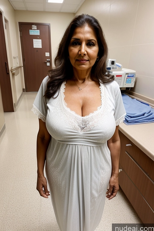 ai nude image of pregnant woman in white dress standing in hospital hallway with open door pics of Busty Long Hair Indian Milf 70s Detailed Hospital Brunette Nightgown