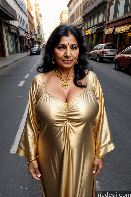 ai nude image of there is a woman in a gold dress standing on the street pics of Milf Busty 70s Long Hair Indian Street Nightgown Black Hair Gold Jewelry