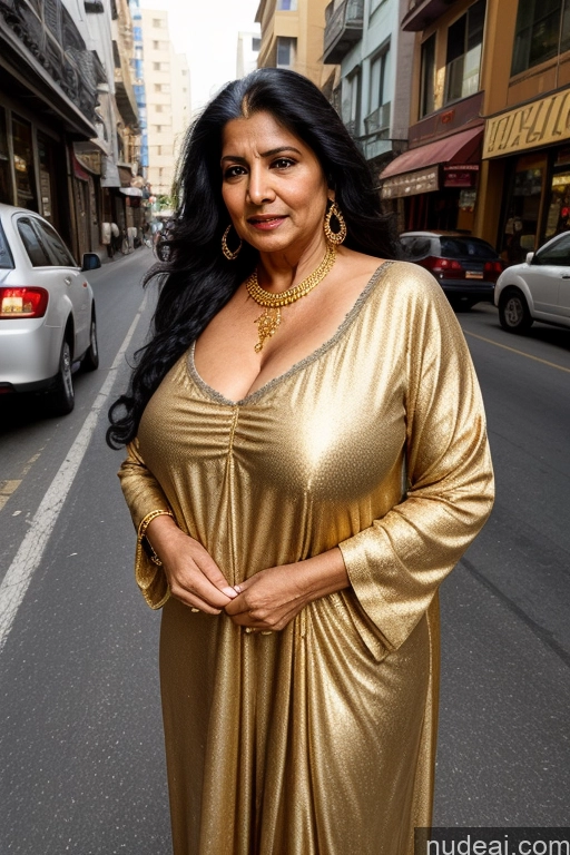 ai nude image of araffe woman in a gold dress standing on a city street pics of Milf Busty 70s Long Hair Indian Street Nightgown Gold Jewelry Black Hair