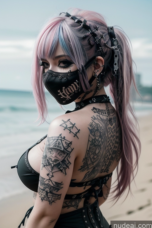 related ai porn images free for Beach Close-up View Perfect Boobs Busty Gothic Punk Girl Pink Hair Tattoos Face Mask