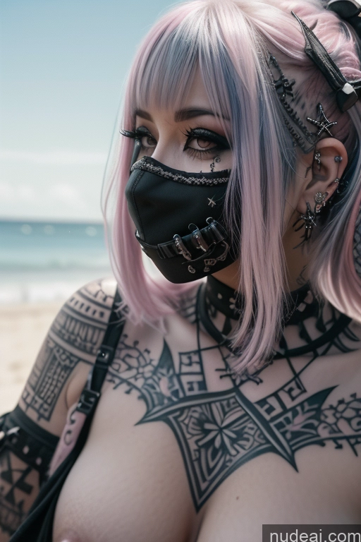 related ai porn images free for Beach Close-up View Perfect Boobs Busty Gothic Punk Girl Pink Hair Tattoos Face Mask Nude