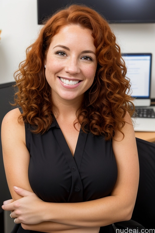 ai nude image of smiling woman with red hair sitting in front of a computer pics of One Beautiful Short 30s Happy Black Hair Curly Hair Irish Front View Office Doctor Perfect Boobs