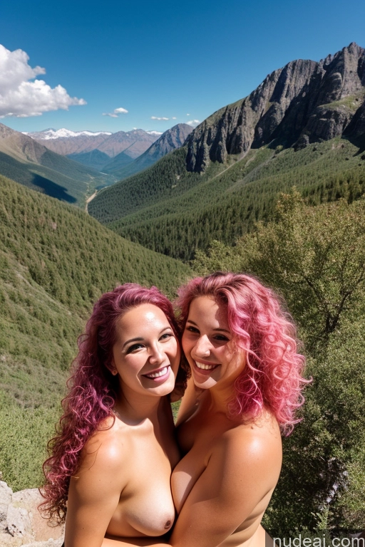 ai nude image of two women with pink hair posing for a picture in the mountains pics of Woman Two 20s Happy Pink Hair Curly Hair White Illustration Mountains Front View Nude