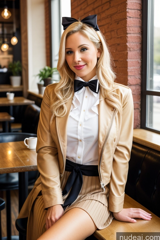 ai nude image of blonde woman in a tan jacket and skirt sitting on a table pics of Woman 30s Blonde Cafe Jacket Long Skirt Jewelry Bows Tie