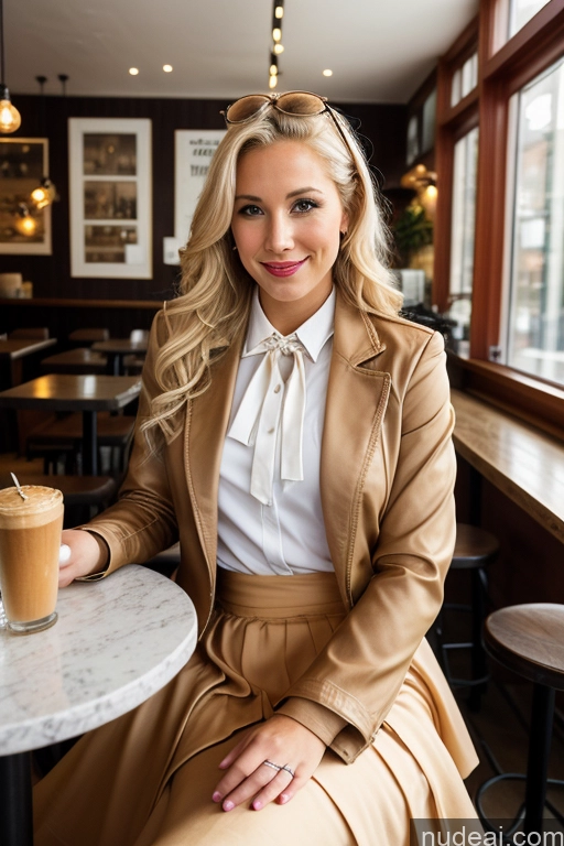 ai nude image of blond woman sitting at a table with a cup of coffee pics of Woman 30s Blonde Cafe Jacket Long Skirt Jewelry Bows Tie