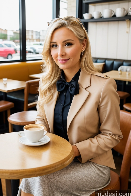 ai nude image of blonde woman sitting at a table with a cup of coffee pics of Woman 30s Blonde Cafe Jacket Long Skirt Jewelry Bows Tie