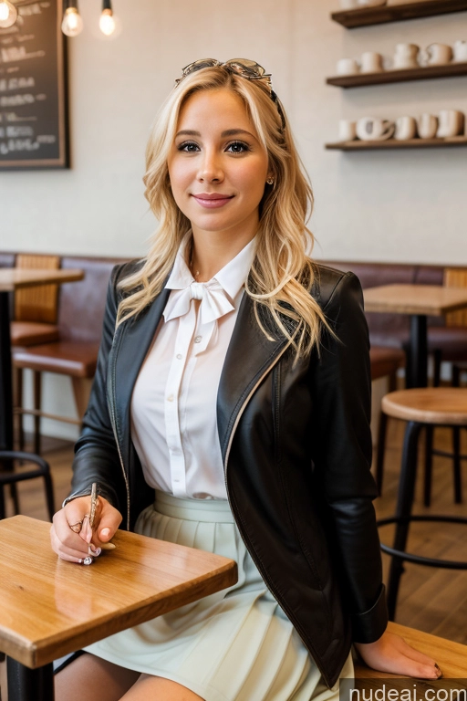 ai nude image of blonde woman sitting at a table in a restaurant with a smile on her face pics of Woman 30s Blonde Cafe Jacket Long Skirt Jewelry Bows Tie