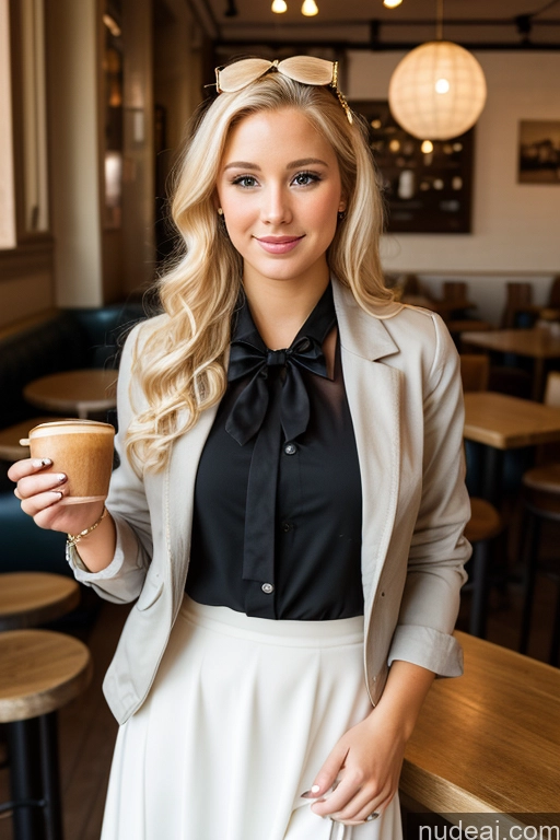 ai nude image of blonde woman in a black shirt and white skirt holding a cup of coffee pics of Woman Blonde Cafe Jacket Long Skirt Jewelry Bows Tie 20s