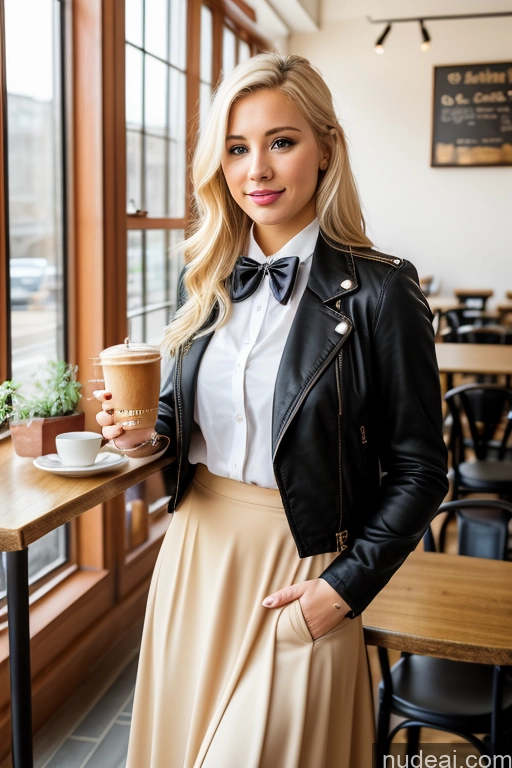 ai nude image of blonde woman in a leather jacket holding a cup of coffee pics of Woman Blonde Cafe Jacket Long Skirt Jewelry Bows Tie 20s