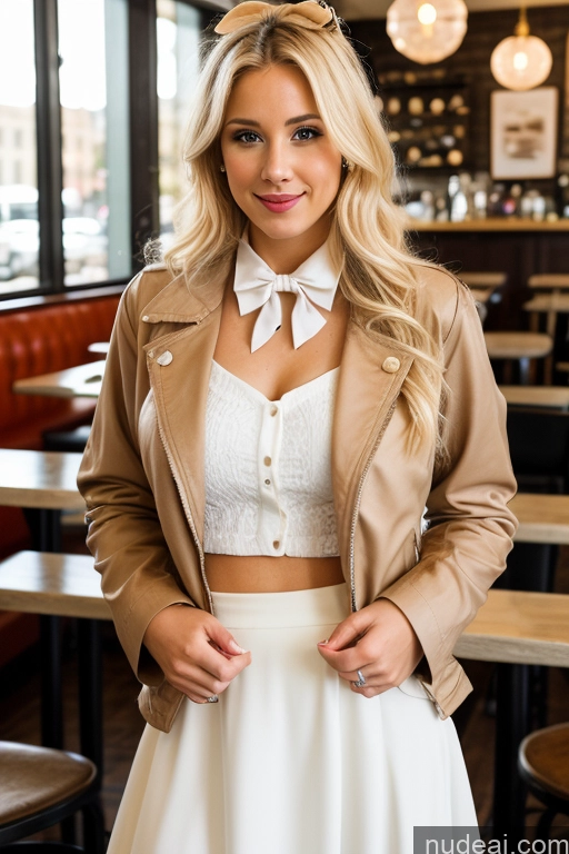 ai nude image of blonde woman in a white skirt and jacket posing for a picture pics of Woman Blonde Cafe Jacket Long Skirt Jewelry Bows Tie 20s