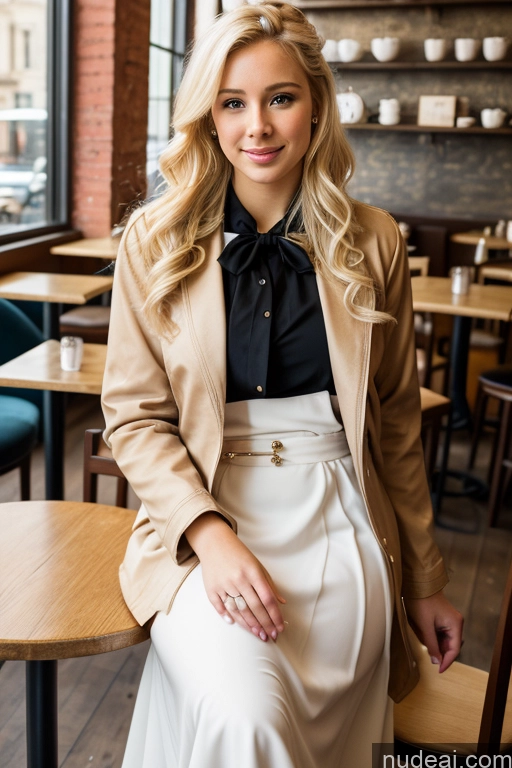 ai nude image of blonde woman sitting at a table in a restaurant with a black shirt and a tan jacket pics of Woman Blonde Cafe Jacket Long Skirt Jewelry Bows Tie 20s