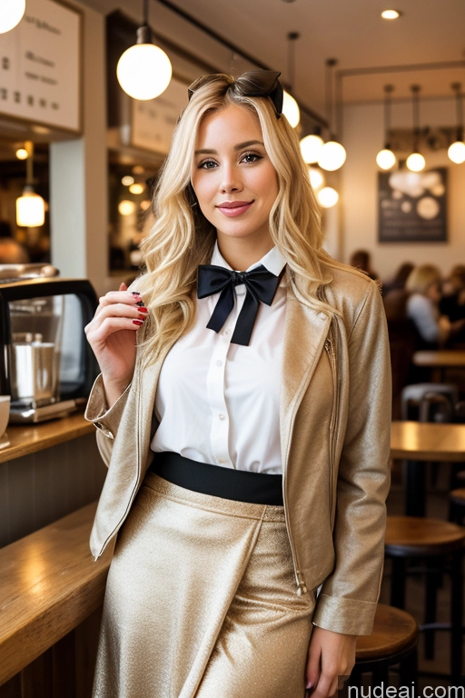 ai nude image of blonde woman in a gold skirt and jacket standing in a restaurant pics of Woman Blonde Cafe Jacket Long Skirt Jewelry Bows Tie 20s