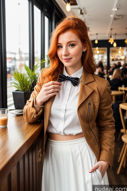 ai nude image of there is a woman standing in a restaurant with a bow tie pics of Woman Cafe Jacket Long Skirt Jewelry Bows Tie 20s Ginger