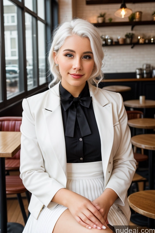 ai nude image of blonde woman in white suit sitting in a restaurant with a black tie pics of Woman Cafe Jacket Long Skirt Jewelry Bows Tie 20s White Hair