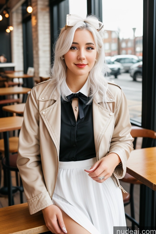 ai nude image of blond woman in a white skirt and black shirt posing for a picture pics of Woman Cafe Jacket Long Skirt Jewelry Bows Tie 20s White Hair