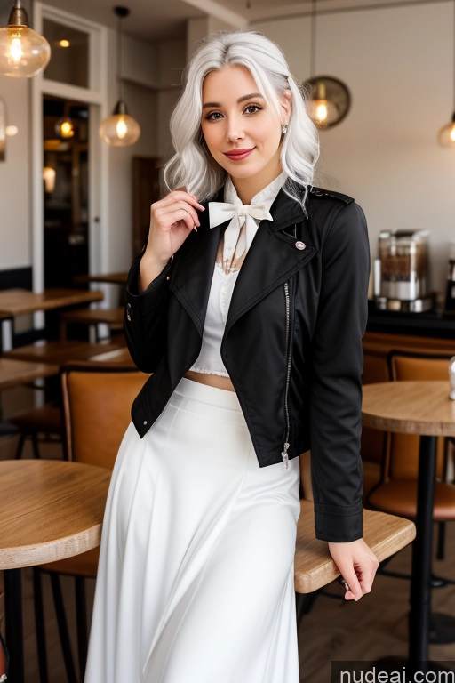 ai nude image of there is a woman that is standing in a restaurant pics of Woman Cafe Jacket Long Skirt Jewelry Bows Tie 20s White Hair