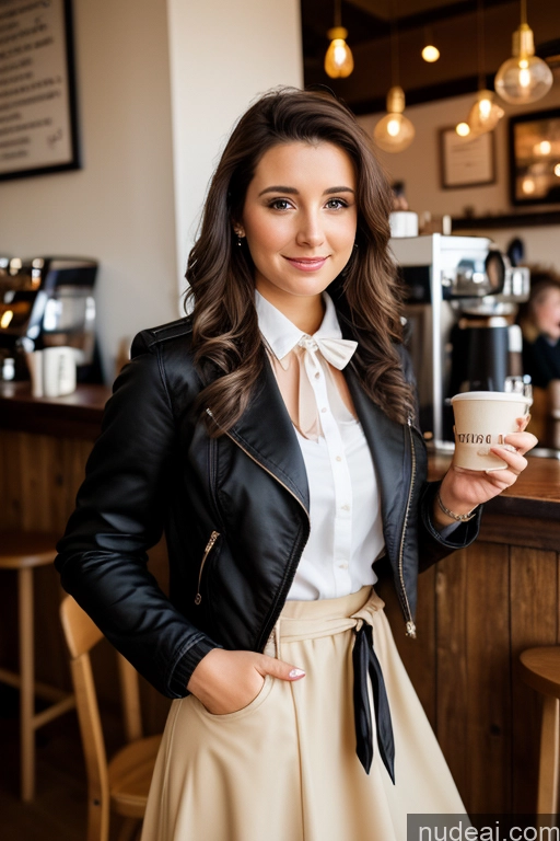 ai nude image of arafed woman in a white shirt and black jacket holding a cup of coffee pics of Woman Cafe Jacket Long Skirt Jewelry Bows Tie 20s Brunette