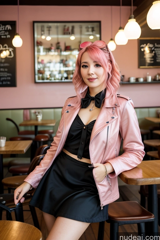 ai nude image of woman with pink hair and black top posing in a restaurant pics of Woman Cafe Jacket Long Skirt Jewelry Bows Tie 20s Pink Hair