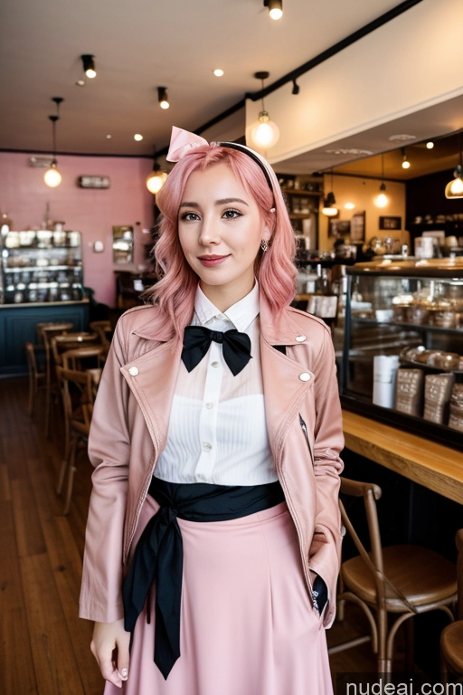 ai nude image of there is a woman standing in a pink skirt and jacket pics of Woman Cafe Jacket Long Skirt Jewelry Bows Tie 20s Pink Hair