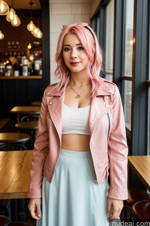 ai nude image of arafed woman with pink hair and a pink jacket standing in a restaurant pics of Woman Cafe Jacket Long Skirt Jewelry Bows Tie 20s Pink Hair