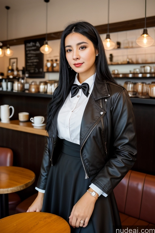 ai nude image of woman in a black leather jacket and bow tie standing in a restaurant pics of Woman Cafe Jacket Long Skirt Jewelry Bows Tie 20s Black Hair