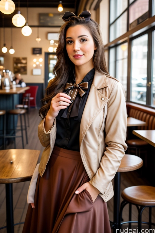 ai nude image of arafed woman in a brown skirt and jacket standing in a restaurant pics of Woman Cafe Jacket Long Skirt Jewelry Bows Tie 20s Brunette