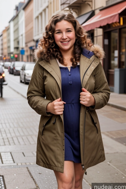 ai nude image of arafed woman in a blue dress and a green coat is standing on a sidewalk pics of Woman One Chubby 50s Happy Brunette Curly Hair French Film Photo Street Dress Parka