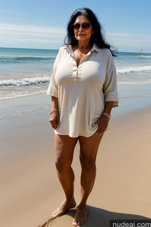 ai nude image of araffe woman standing on the beach in a white shirt and sunglasses pics of Milf One Busty Big Ass 70s Long Hair Indian Beach Black Hair Oversized Shirt