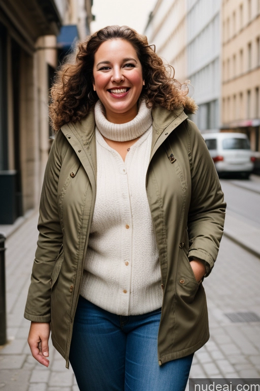 ai nude image of smiling woman in a green jacket and jeans walking down a street pics of Woman One Chubby 50s Happy Brunette Curly Hair French Film Photo Street Parka Jeans