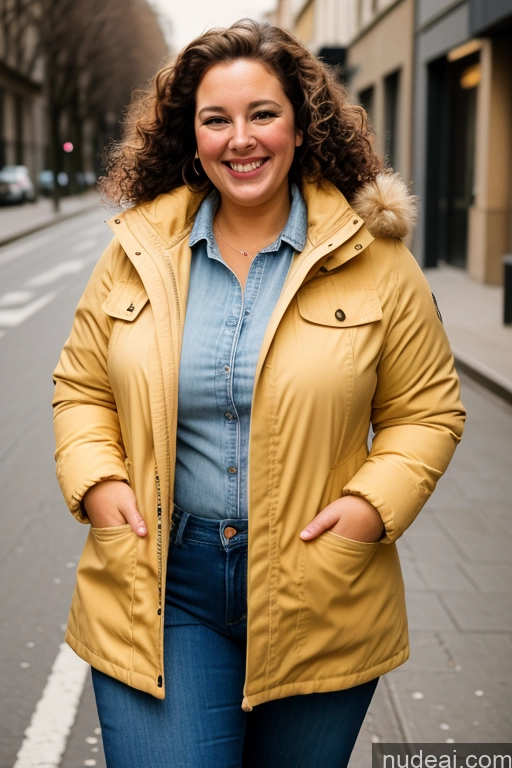 ai nude image of smiling woman in a yellow jacket and jeans standing on a city street pics of Woman One Chubby 50s Happy Brunette Curly Hair French Film Photo Street Parka Jeans