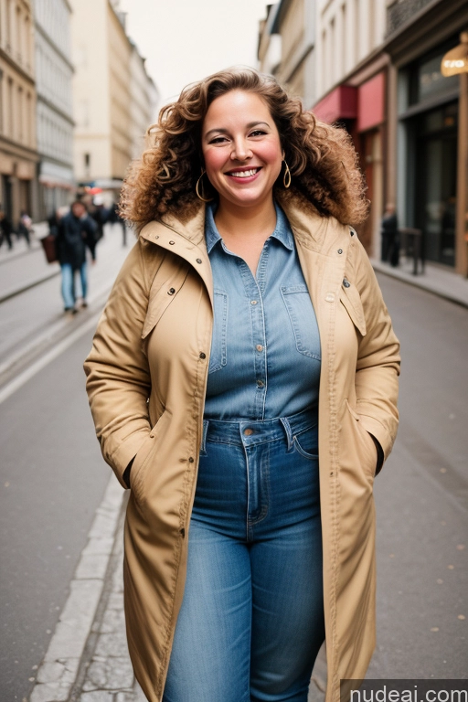 ai nude image of smiling woman in a tan coat and jeans standing on a city street pics of Woman One Chubby 50s Happy Brunette Curly Hair French Film Photo Street Parka Jeans