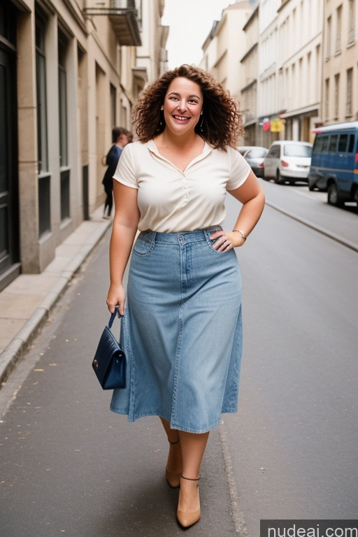 ai nude image of araffe woman in a white shirt and blue skirt walking down a street pics of Woman One Chubby 50s Happy Brunette Curly Hair French Film Photo Street Front View Long Skirt Jeans