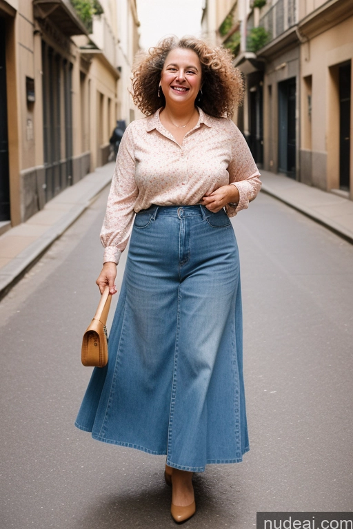 ai nude image of arafed woman in a skirt and blouse walking down a street pics of Woman One Chubby Happy Curly Hair French Film Photo Street Front View Long Skirt Jeans 70s