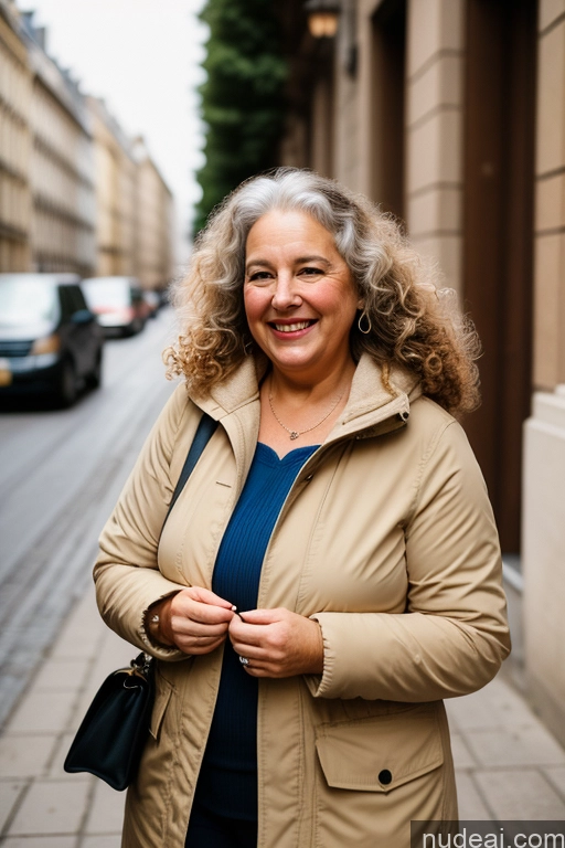 ai nude image of smiling woman in a tan jacket standing on a sidewalk in front of a building pics of Woman One Chubby Happy Curly Hair French Film Photo Street Front View 70s Parka Casual