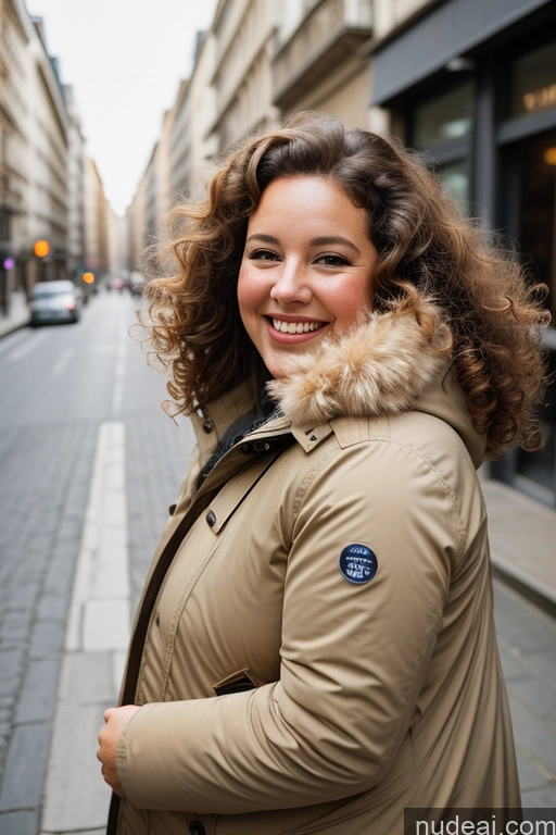 ai nude image of smiling woman in a tan coat on a city street pics of Woman One Chubby Happy Curly Hair French Film Photo Street Front View Parka Casual 60s