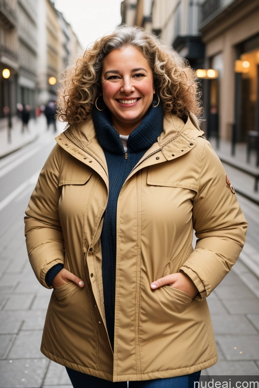 ai nude image of smiling woman in a tan jacket and scarf standing on a city street pics of Woman One Chubby Happy Curly Hair French Film Photo Street Front View Parka Casual 60s