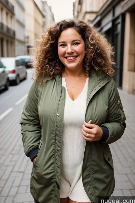 ai nude image of smiling woman in a green jacket and white top standing on a sidewalk pics of Woman One Chubby Happy Curly Hair French Film Photo Street Front View 60s Bomber Casual Parka